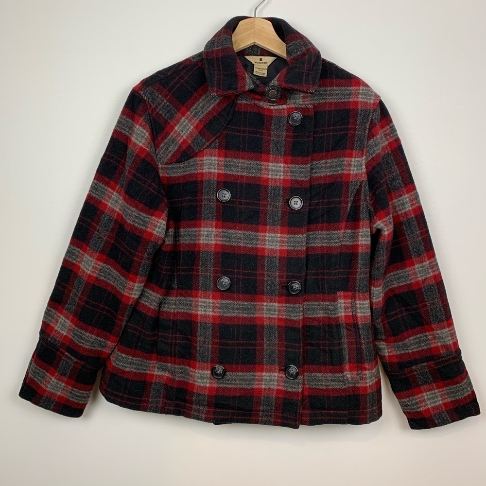 Woolrich Double breasted Jacket Women’s Black Red Plaid Wool Blend Size Medium